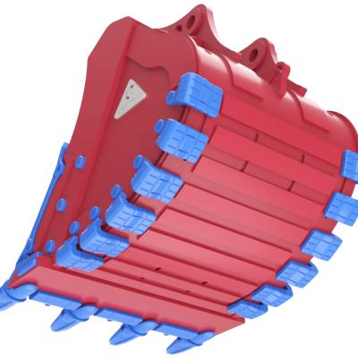 Bottom view of Enstruc quarry rock bucket with heavy-duty wear strips and heel shrouds for abrasion resistance